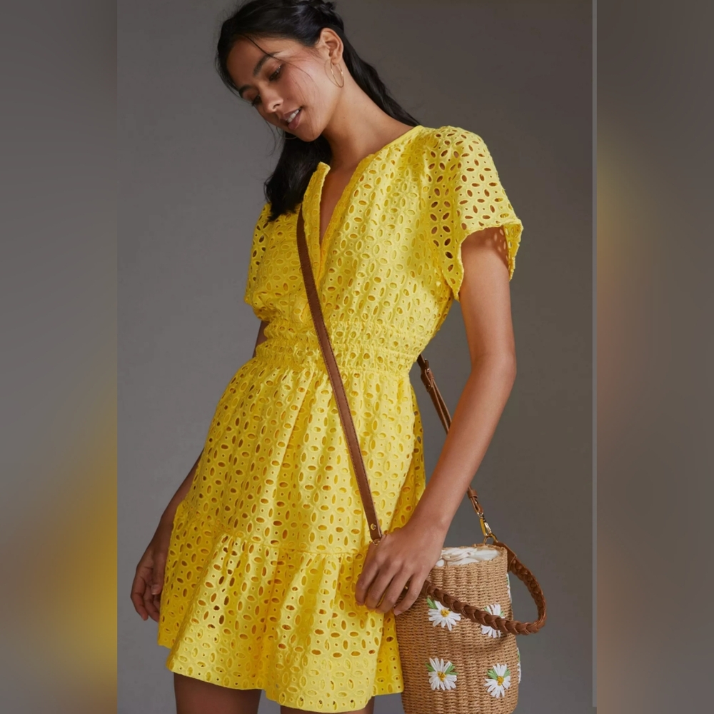 Anthropologie Bright Yellow Eyelet Mini Dress